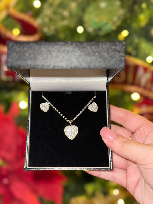 Real 925 Sterling silver diamond love heart set